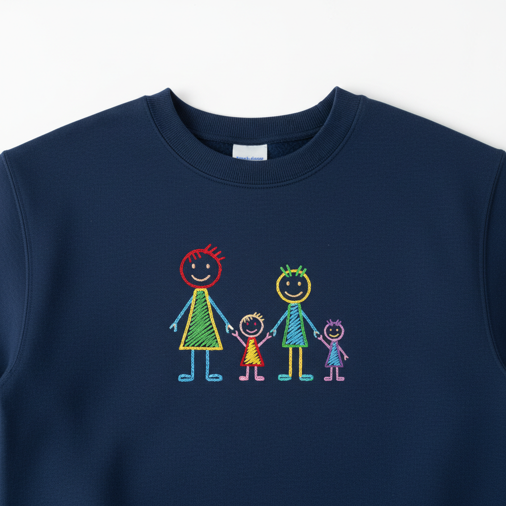 Felpa girocollo blu navy con ricamo a macchina centrato di famigliola di omini stilizzati senza bordatura, disegno di bambino 180x130mm