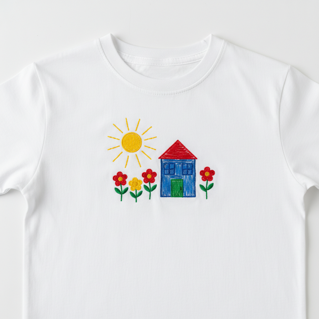 T-shirt bianca con ricamo a macchina fedele al disegno di un bambino, punti precisi e uniformi, dimensioni 180x130mm
